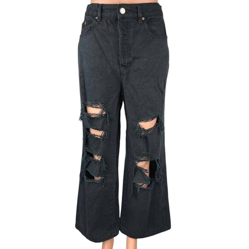 Pacsun Women's Black Baggy Distressed Ripped Wide Leg High Waist Denim Jeans 28